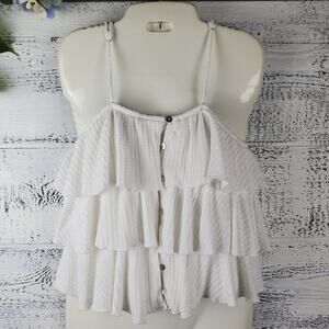 Artemis White Gauze Ruffle Crop Top Size Small Adjustable Straps Button Front
